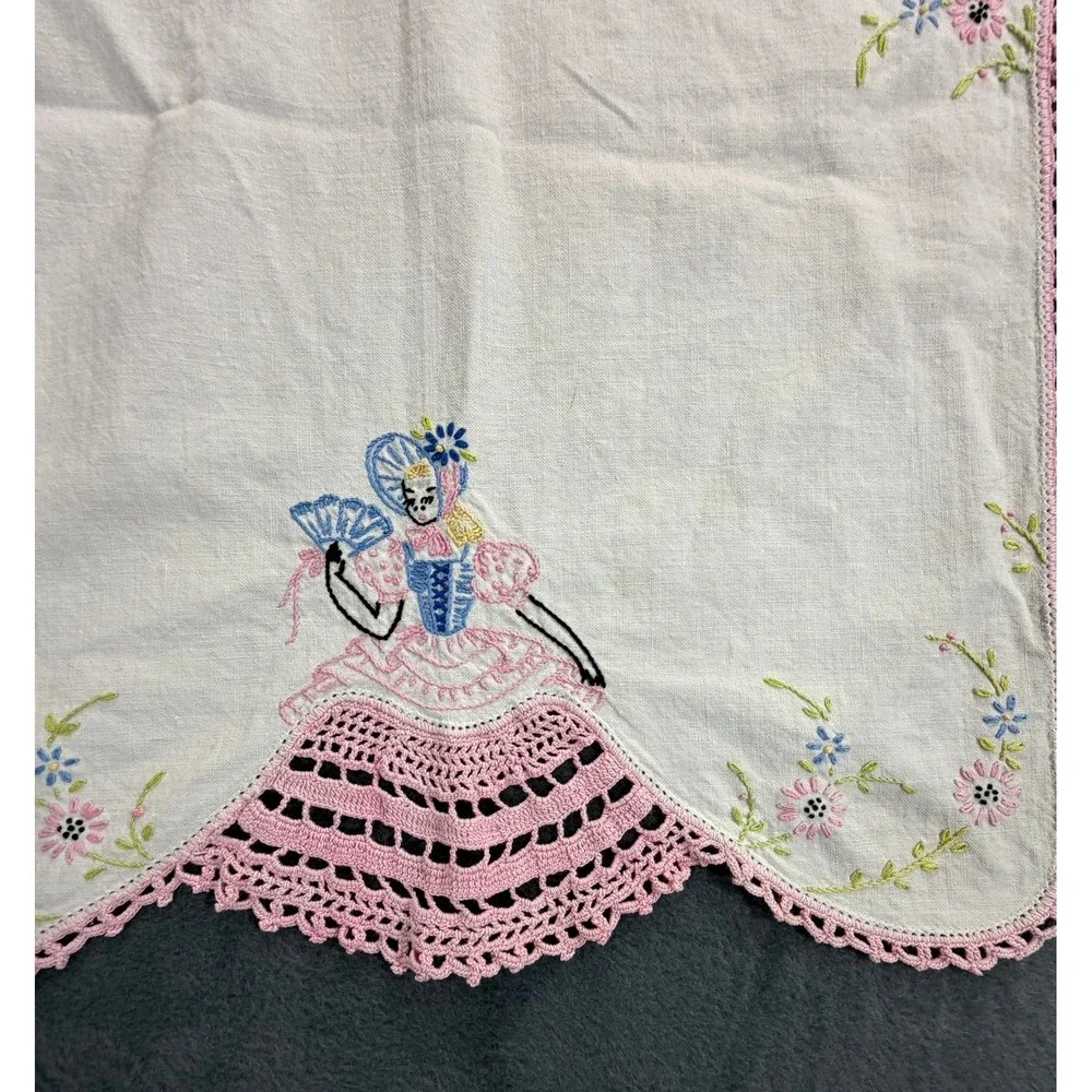 1940's Hand Embroidered Crinoline Lady Table Runner Pink Crochet Lace Trim White